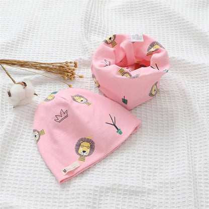 Autumn Winter Cotton Knit Children's Hat Collar 2 Set Boys and Girls Hats Set Baby Solid Color Scarf Cap two-piece