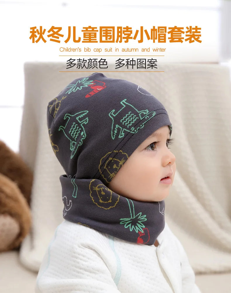 Autumn Winter Cotton Knit Children's Hat Collar 2 Set Boys and Girls Hats Set Baby Solid Color Scarf Cap two-piece