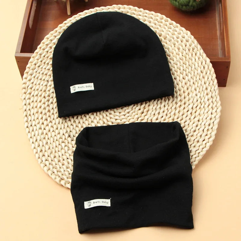 Autumn Winter Cotton Knit Children's Hat Collar 2 Set Boys and Girls Hats Set Baby Solid Color Scarf Cap two-piece