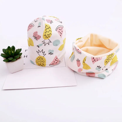 Autumn Winter Cotton Knit Children's Hat Collar 2 Set Boys and Girls Hats Set Baby Solid Color Scarf Cap two-piece