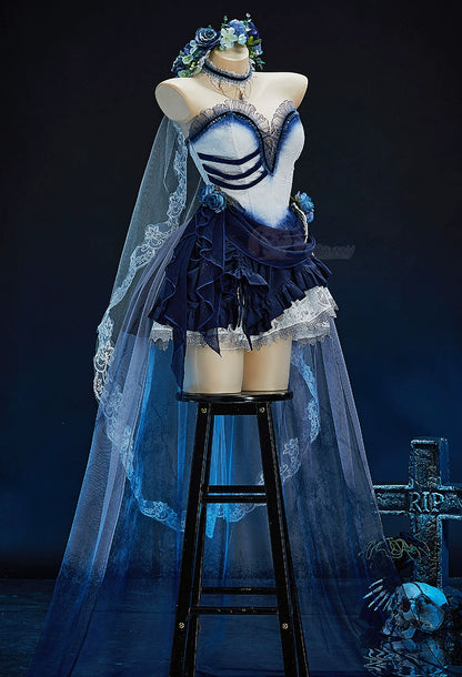 Zombie Bride Cosplay Costume Blue Ombre Gothic Victorian Lace Dress Halloween Anime Game Role Playing Outfit For Women Men