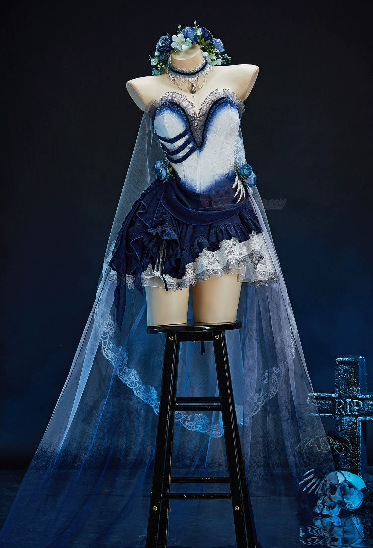 Zombie Bride Cosplay Costume Blue Ombre Gothic Victorian Lace Dress Halloween Anime Game Role Playing Outfit For Women Men