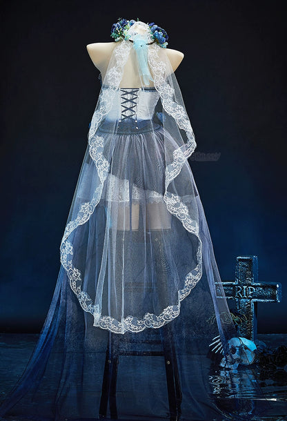 Zombie Bride Cosplay Costume Blue Ombre Gothic Victorian Lace Dress Halloween Anime Game Role Playing Outfit For Women Men