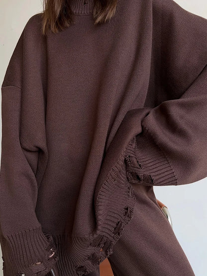Bornladies Autumn Winter Women's New Turtleneck Knit Sweater Skinny Knit Pants Set Soft Oversized Ripped Hem Fashion Pullover