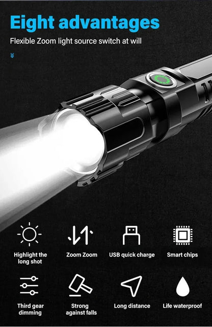 High Strong Power Led Flashlights 2000LM Tactical USB Charging Camping Emergency Fishing Zoom Lantern Torch with Display Light