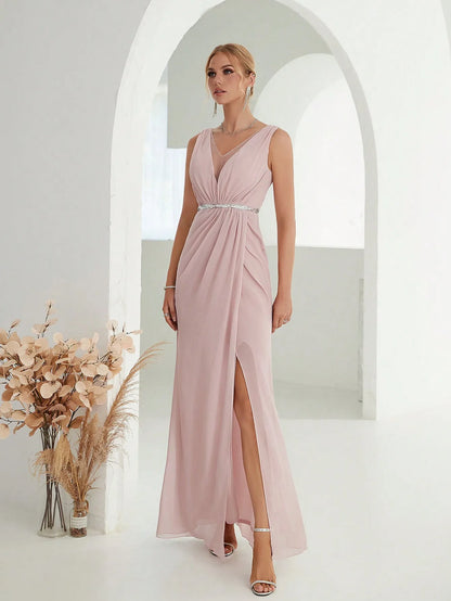 Mgiacy Shoulder deep V-neck silver sequin belt pleated chiffon slit skirt Evening gown Ball dress Party dress Bridesmaid dress