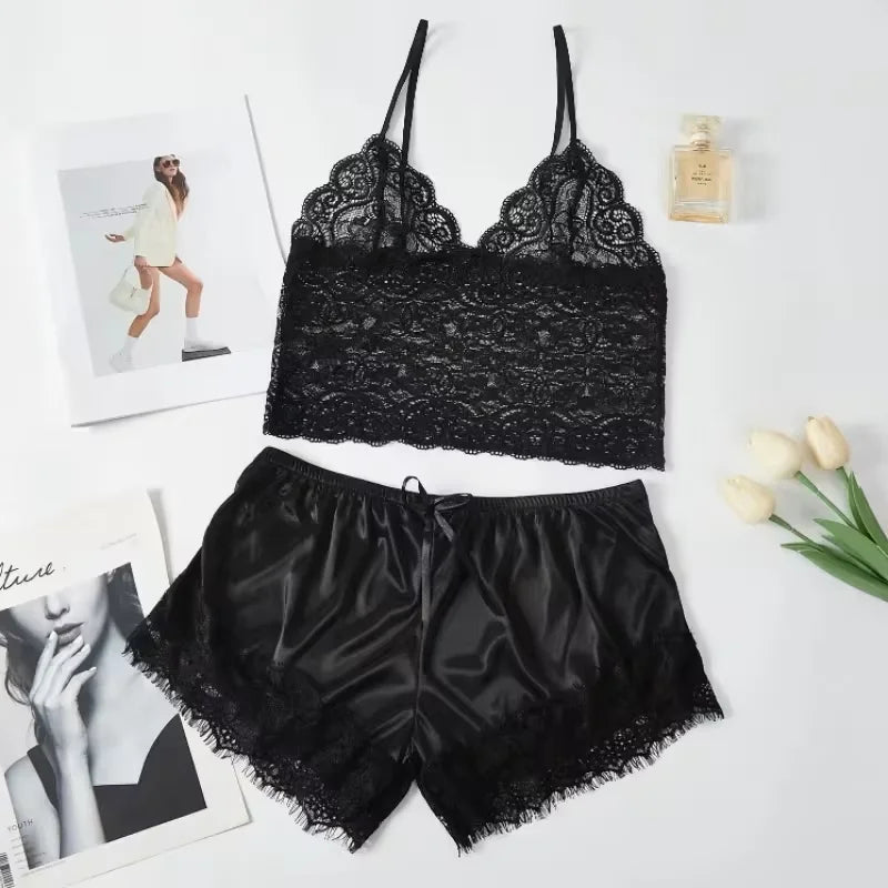 Summer Sexy Sleepwear Womens Lace Sleeveless V-Neck Pajamas Set Lingerie Babydoll Tops Shorts Set Nightwear