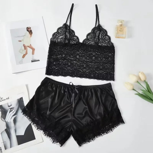 Summer Sexy Sleepwear Womens Lace Sleeveless V-Neck Pajamas Set Lingerie Babydoll Tops Shorts Set Nightwear