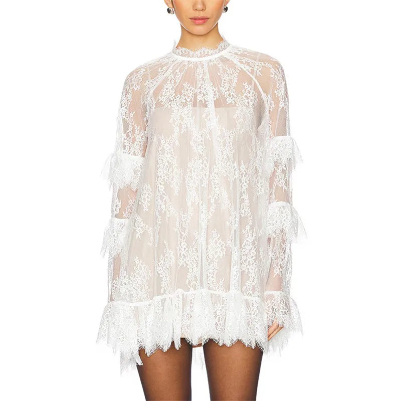 hirigin Women Lace Sheer Dress Sexy See Through Mesh Long Sleeve High Neck Floral Cover Up Cocktail Party Mini Dresses