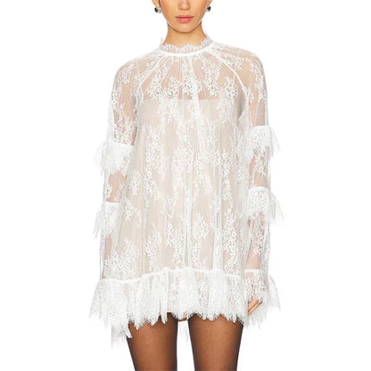 hirigin Women Lace Sheer Dress Sexy See Through Mesh Long Sleeve High Neck Floral Cover Up Cocktail Party Mini Dresses