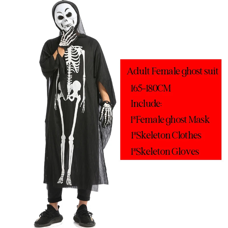 Halloween Scary Skeleton Ghost Cosplay Costume Masks Gloves Costume Suit Masquerade Carnival Horror Clothes for Adults Kids