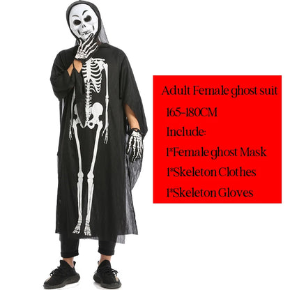 Halloween Scary Skeleton Ghost Cosplay Costume Masks Gloves Costume Suit Masquerade Carnival Horror Clothes for Adults Kids