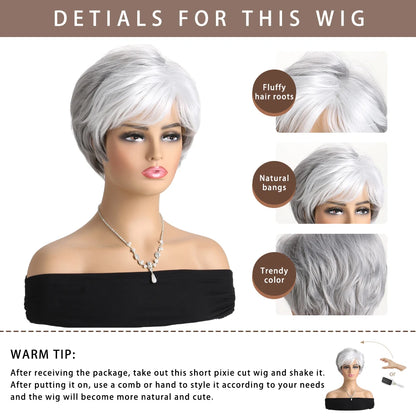 Short Natural Wigs with Bangs Soft Mommy Hair Daily Use Short  Grey Ombre Curly Synthetic Hair Costume Party Wig for Women