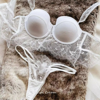 Sexy Lingerie Women Lace Transparent Underwear Embroidery Brief Set Delicate Bra Push Up Lace Gathered Edge Bra and Panty Set