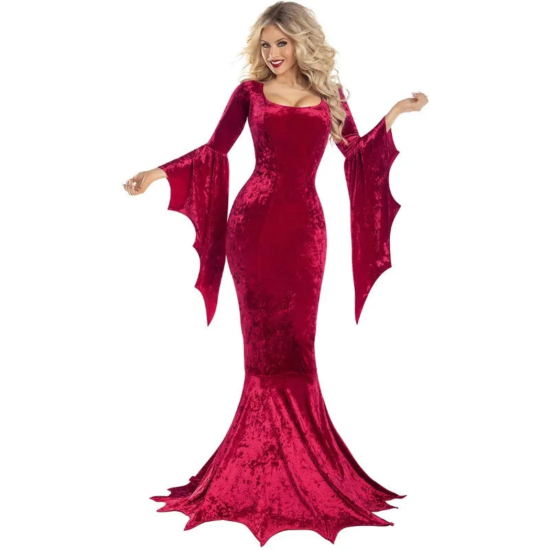 Witchy Costume Morticia Addams Long Train Dress Halloween Terror Dark Outfit Gothic Gown Robe Bat Sleeve Horror For Adult