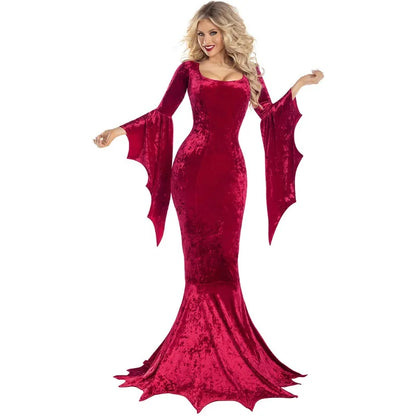 Witchy Costume Morticia Addams Long Train Dress Halloween Terror Dark Outfit Gothic Gown Robe Bat Sleeve Horror For Adult
