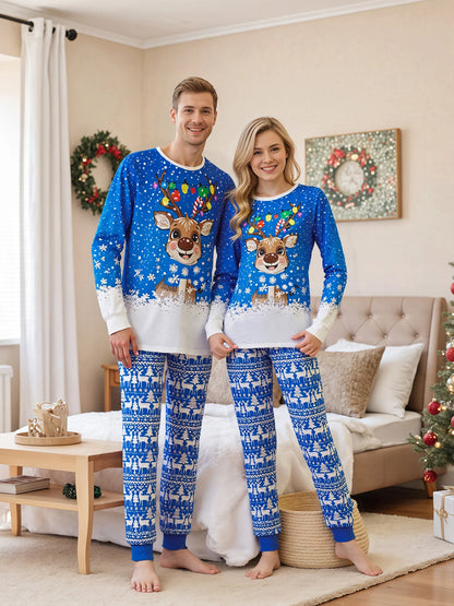 Christmas Family Pajamas Matching Set Long Sleeve Snowflake Print Top with Reindeer Print Bottoms Sleepwear Loungewear