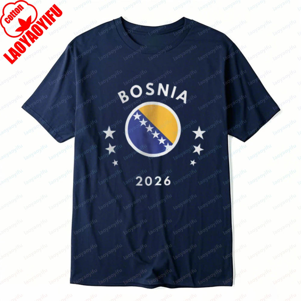Bosnia 2026 Tee Bosnia Flag Football Soccer High Quality Cotton Shirt Vintage Classic Summer Breathable Clothes for Women Men