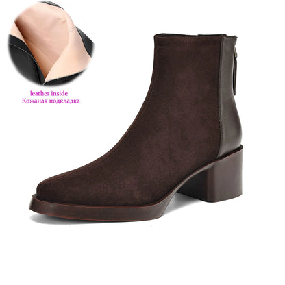 Krazing Pot Trend Plus Size 34-43 Cow Suede Square Toe Med Heels Retro Modern Boots Warm Winter Shoes Dating Concise Ankle Boots