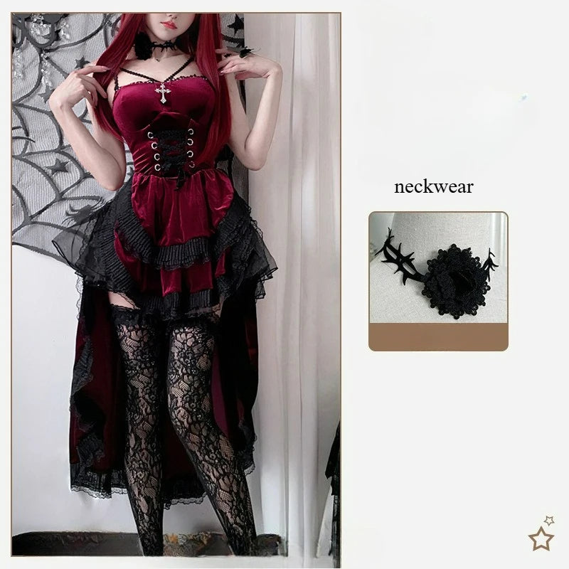 Sexy Lingerie Cosplay Dark Gothic Halloween Costume Ladies Dress Dovetail Witch Vampire Bride Performance Costume Red Suit