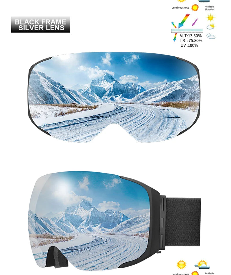 PHMAX Magnetic Ski Goggles UV400 Skiing Eyewear Anti-fog Lens Women Men Winter Outdoor Sports Mountain Snowboard Big Snow Goggle