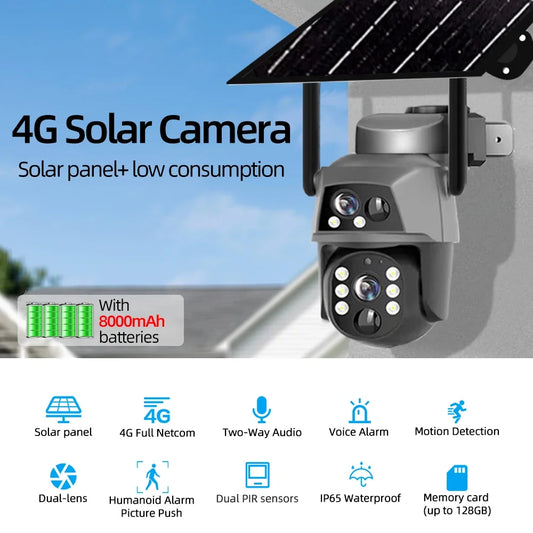 4G Solar Camera Outdoor Dual Lens 8MP 4K WiFi PTZ IP Security Camara With Solar Panel CCTV Built in Battery Auto Tracking Cam