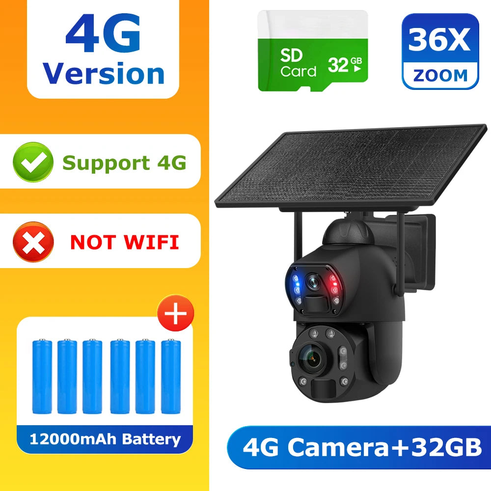 SHIWOJIA 4K 8MP 36X Zoom 4G Solar Camera Dual Lens Dual Screen Human Detect Auto Tracking Outdoor 10W Solar Panel WIFI CCTV