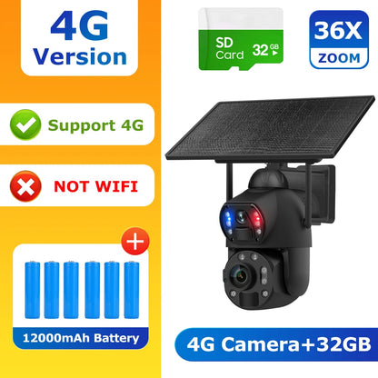 SHIWOJIA 4K 8MP 36X Zoom 4G Solar Camera Dual Lens Dual Screen Human Detect Auto Tracking Outdoor 10W Solar Panel WIFI CCTV