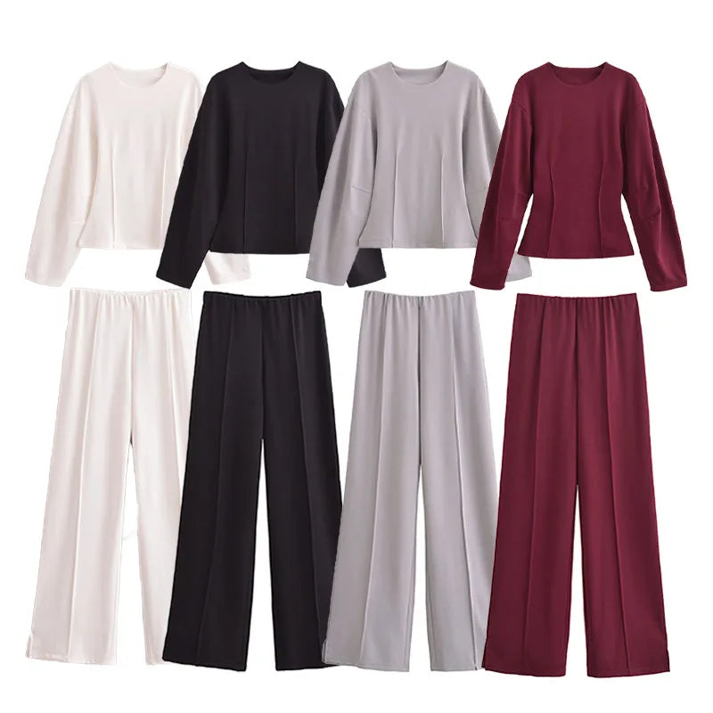 TRAFZA Women New Fashion Slimming 2-Piece Set Double-Sided Fabric O-Neck Long-Sleeve Top+Elegant Stretch Long Pants Female Suit
