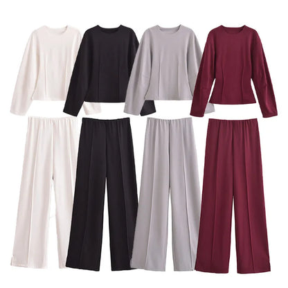 TRAFZA Women New Fashion Slimming 2-Piece Set Double-Sided Fabric O-Neck Long-Sleeve Top+Elegant Stretch Long Pants Female Suit