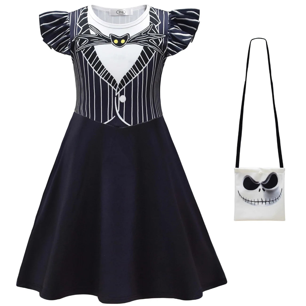 Halloween Skeleton Cosplay Costume for Kids Girl Jeck Striped Top Dress Outfit Horror Scary Christmas Party Uniform Mask Suit