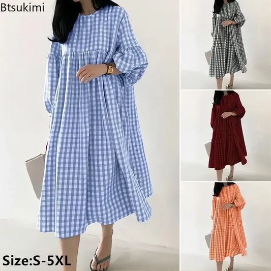 New 2025 Vintage Check Dresses for Women Fashion Puff Sleeve Casual Midi Dress Females O-neck Loose Robe Summer Oversize Vestido
