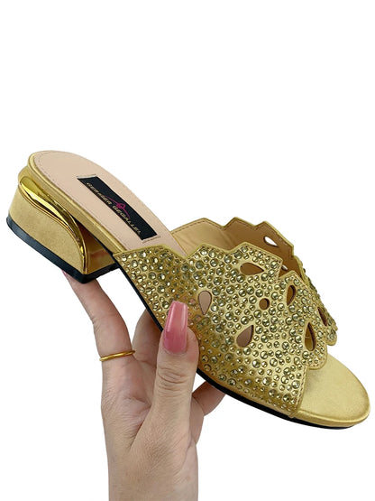 Italian Fashion Casual Flat Slippers Hollowed Out With Diamonds Women's Shoes African Party Outdoor Shoes