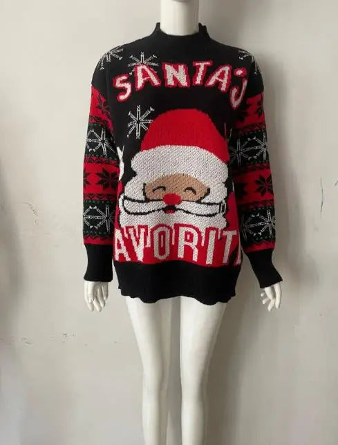 Women's Sweater Autumn New Santa Claus Embroidery Print Round Neck Long Sleeve Casual Knitwear Christmas Pullover Sweater