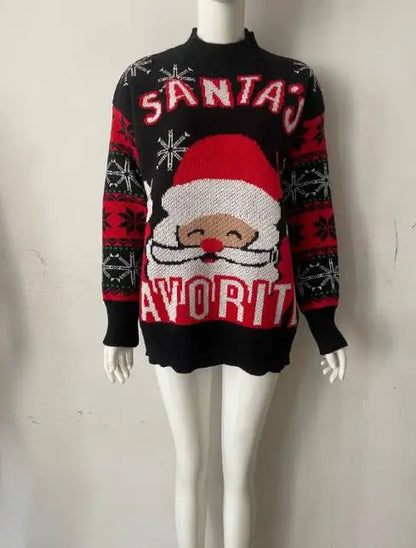 Women's Sweater Autumn New Santa Claus Embroidery Print Round Neck Long Sleeve Casual Knitwear Christmas Pullover Sweater