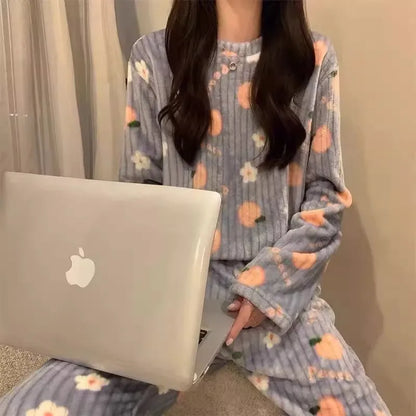 Adorable Sweet Coral Fce Thiened Autumn Winter Spwear Women's Casual Home Clothes Set Long Pants Comfortable Leisure ...