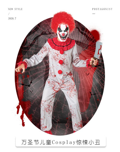 Movie Killer Clown Costume Cosplay For Boy Girl Scary Clown Gray Jumpsuit with Blood Fancy Hallween for Boys Terror Jumpsuit