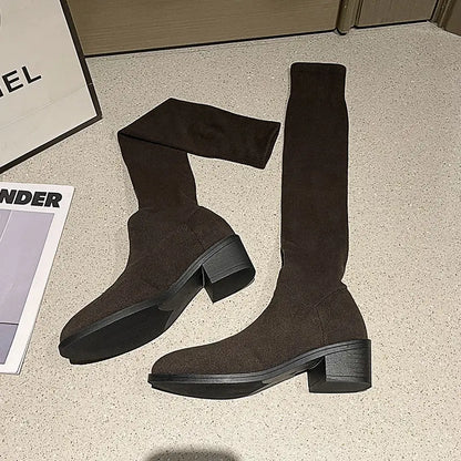 Spring Autumn Elastic Middle Heel Pointed Toe Women's Thigh High Boots Gyaru Cosplay Goth Ladies Sock Above Over The Knee Shoes