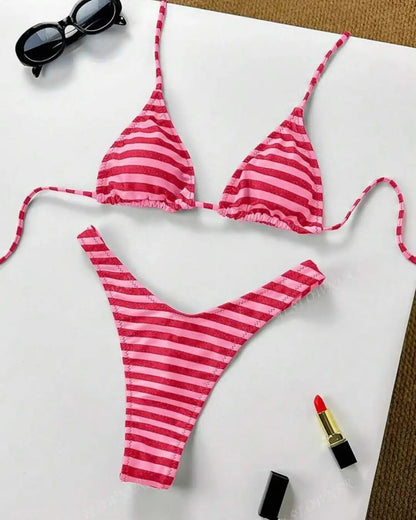 Y2K Sexy Hot Girls Striped Printed Triangle Lingerie Underwear 2025 New Beach Vacation Fashion Personality ins Style Bikini Suit