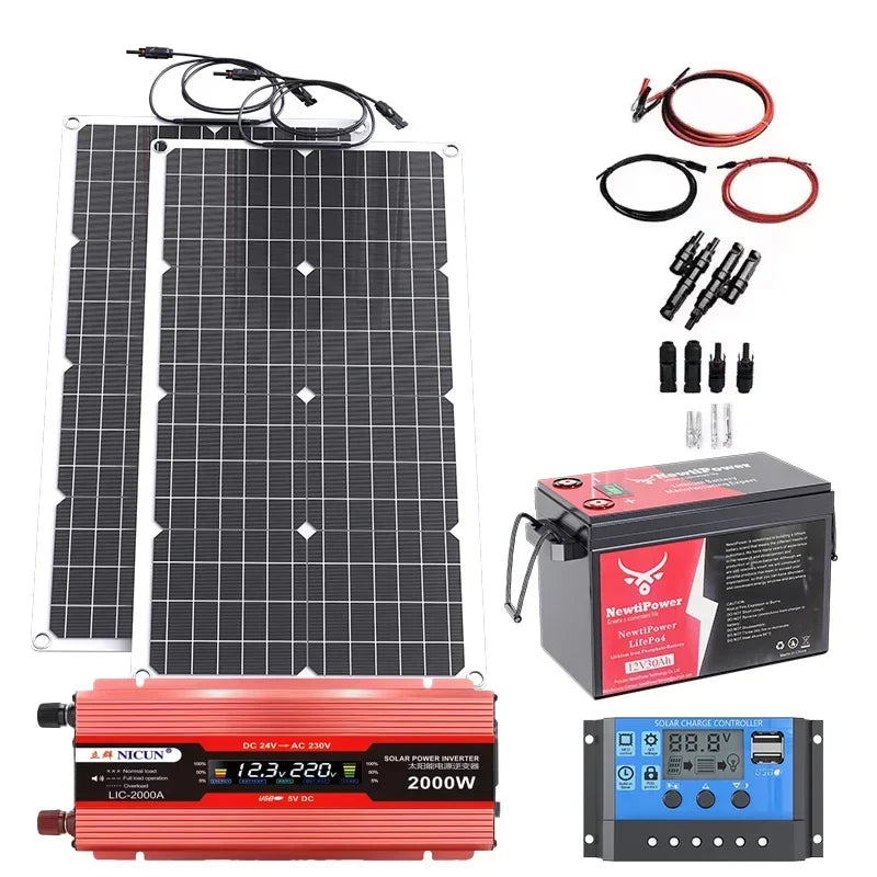 2000W Off-Grid Solar Complete Kit Power 100A Controller,110V 220V Inverter&10AH 30AH LiFePO4 Battery for Home/RV/Camping