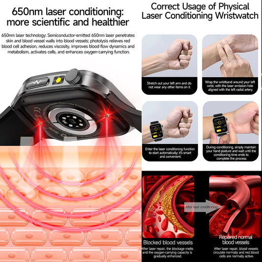 2025 New Mcro Phsical Examination 650nm Laser Therapy ECG Urci Acid Blood Fat Smart Watch Men Blood Pressure Heart Rate Bracelet