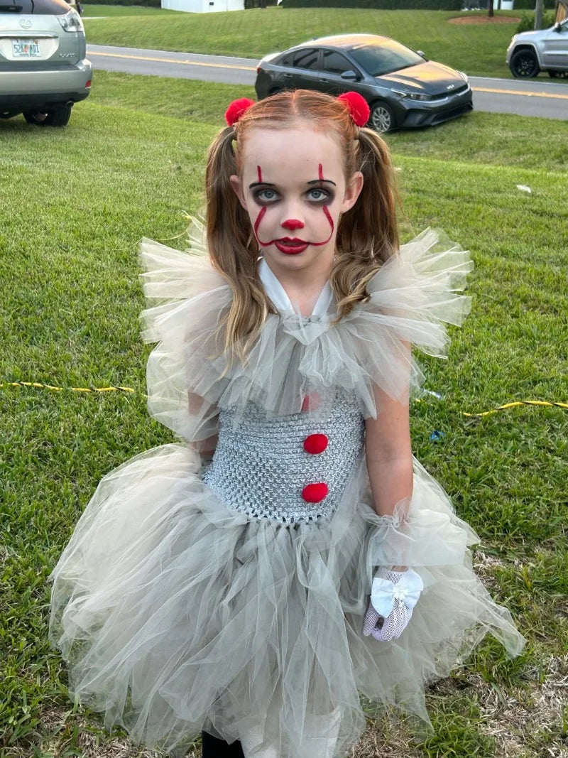 Halloween Horror Clown Pennywise Devil Spooky Costume Kids Girls Tulle Dress Joker Gothic Evil Carnival Outfit Tutu Dress Child