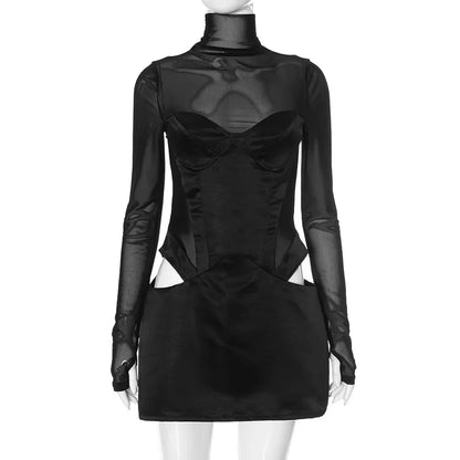 Trendix Fashion Mesh Long Sleeve Mini Dress Club See Through Turtleneck Splice Hollow Bodysuit Dress Party Hot Girls Sexy Dress
