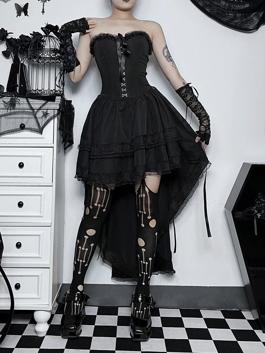AltGoth Vintage Palace Style Goth Dress Women Dark Aesthetic Fairycore Grunge Elegant Lace Patchwork High Waist Dress Partywear