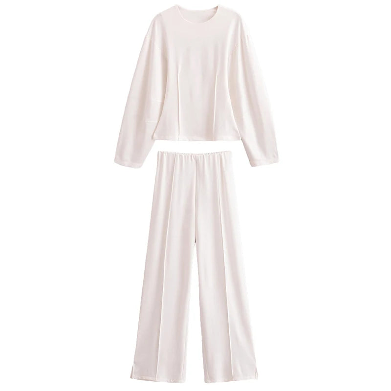 TRAFZA Women New Fashion Slimming 2-Piece Set Double-Sided Fabric O-Neck Long-Sleeve Top+Elegant Stretch Long Pants Female Suit