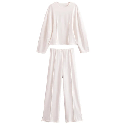 TRAFZA Women New Fashion Slimming 2-Piece Set Double-Sided Fabric O-Neck Long-Sleeve Top+Elegant Stretch Long Pants Female Suit