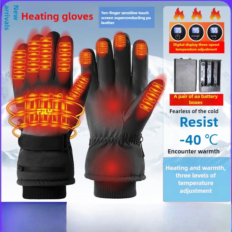 Smart Heated Ski Gloves USB Recharge 3-Heat Carbon Fiber Waterproof Touchscreen LED Digital Temp Winter Snowboard Cycling