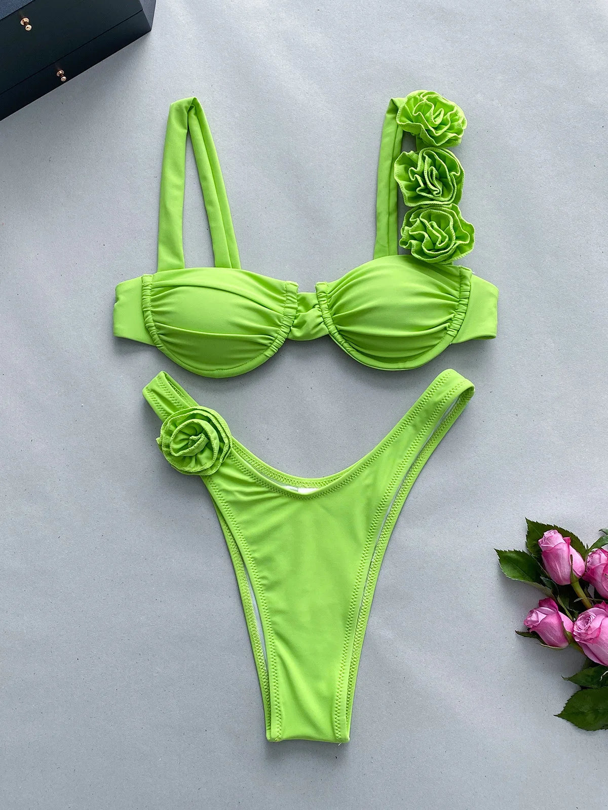 2024 New Bikini Set Womens Steel Plate Solid Color Three-dimensional Flower Split Ladies Swimsuit Women