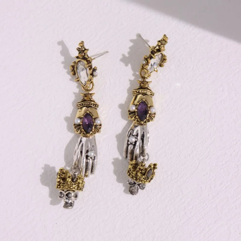 HUANZHI Retro Skeleton Hands Zircon Drop Earrings for Woman Hip-hop Golden Crown Skeleton Dangle Earrings Jewelry Wholesale Gift