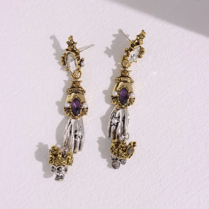 HUANZHI Retro Skeleton Hands Zircon Drop Earrings for Woman Hip-hop Golden Crown Skeleton Dangle Earrings Jewelry Wholesale Gift
